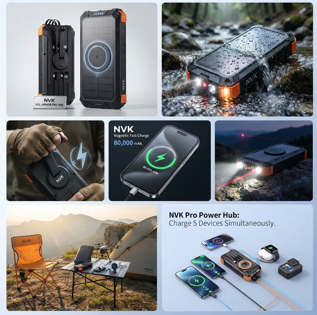 NVK Sol-Armor Pro 80,000mAh Tactical Solar Power Bank — 360° Hand-Crank Generator, 22.5W PD Fast Charging, Magnetic Wireless, & Multi-Mode Emergency Lighting System