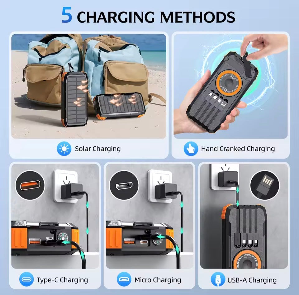 NVK Sol-Armor Pro 80,000mAh Tactical Solar Power Bank — 360° Hand-Crank Generator, 22.5W PD Fast Charging, Magnetic Wireless, & Multi-Mode Emergency Lighting System