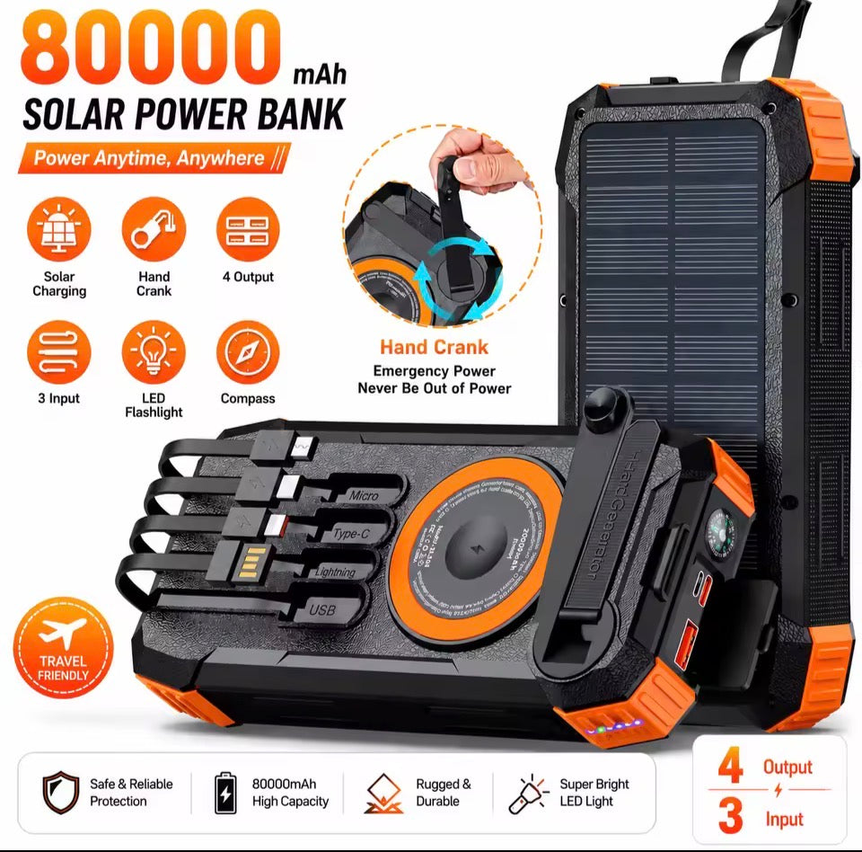 NVK Sol-Armor Pro 80,000mAh Tactical Solar Power Bank — 360° Hand-Crank Generator, 22.5W PD Fast Charging, Magnetic Wireless, & Multi-Mode Emergency Lighting System