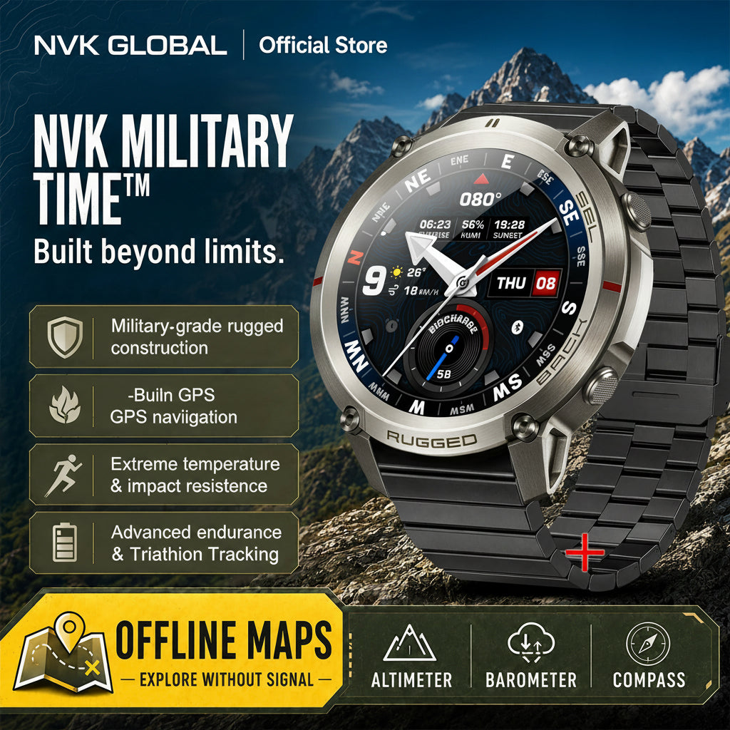 Built beyond limits.
NVK MILITARY TIME™ is a durable exploration device engineered for adventure, outdoor performance, and extreme environments. When the terrain gets brutal, your wearable shouldn’t flinch.

Engineered for the Extreme
Military-grade rugged construction
Built-in GPS for navigation in any terrain
Designed to withstand extreme temperatures, impact, and water
Advanced endurance tracking for long expeditions
Extended battery life for multi-day adventures
Part of the NVK TIME™ Family
NVK MILITARY