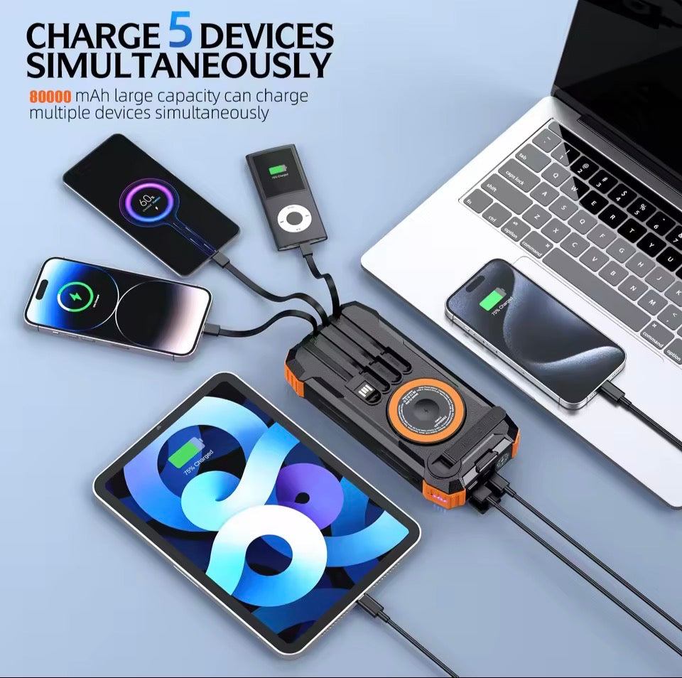 NVK Sol-Armor Pro 80,000mAh Tactical Solar Power Bank — 360° Hand-Crank Generator, 22.5W PD Fast Charging, Magnetic Wireless, & Multi-Mode Emergency Lighting System