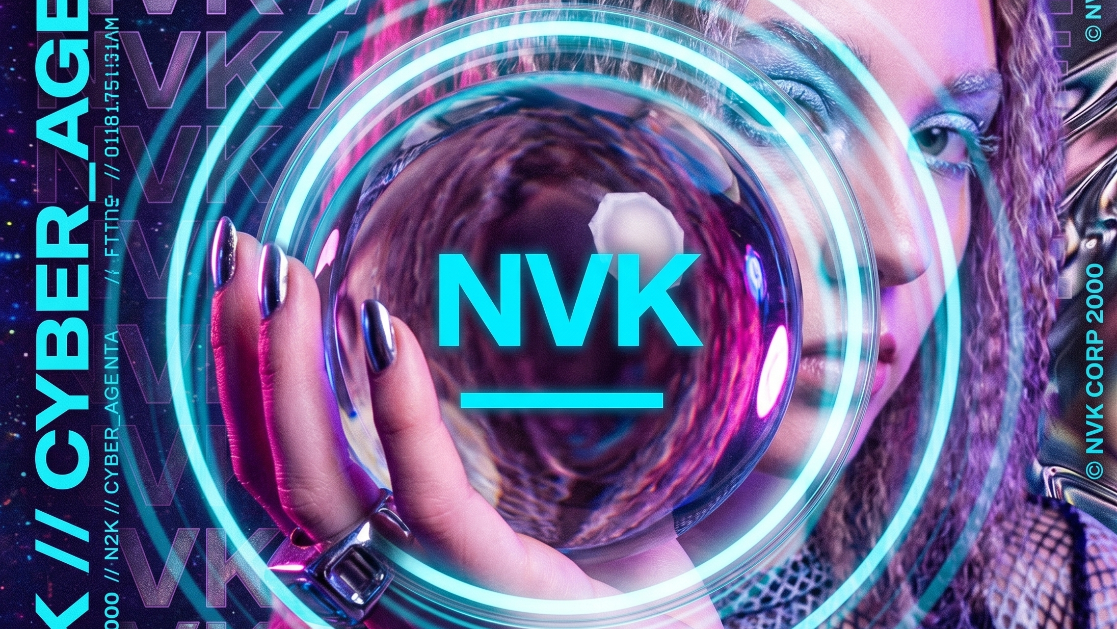 A stylized promotional portrait of a woman with braided hair holding a reflective orb that shows the text 'NVK' in bright cyan. The image is heavily edited with neon cyan and purple lighting, concentric glowing rings, and repeated 'NVK // CYBER AGE' text along the left side and 'NVK CORP 2000' along the right edge.