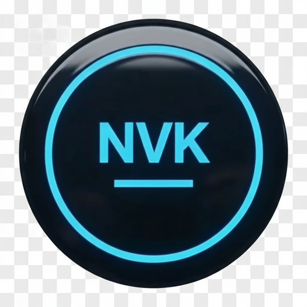 A close-up of a circular black control button with a glowing cyan-blue ring and the text 'NVK' in the center, set against a carbon fiber textured background.