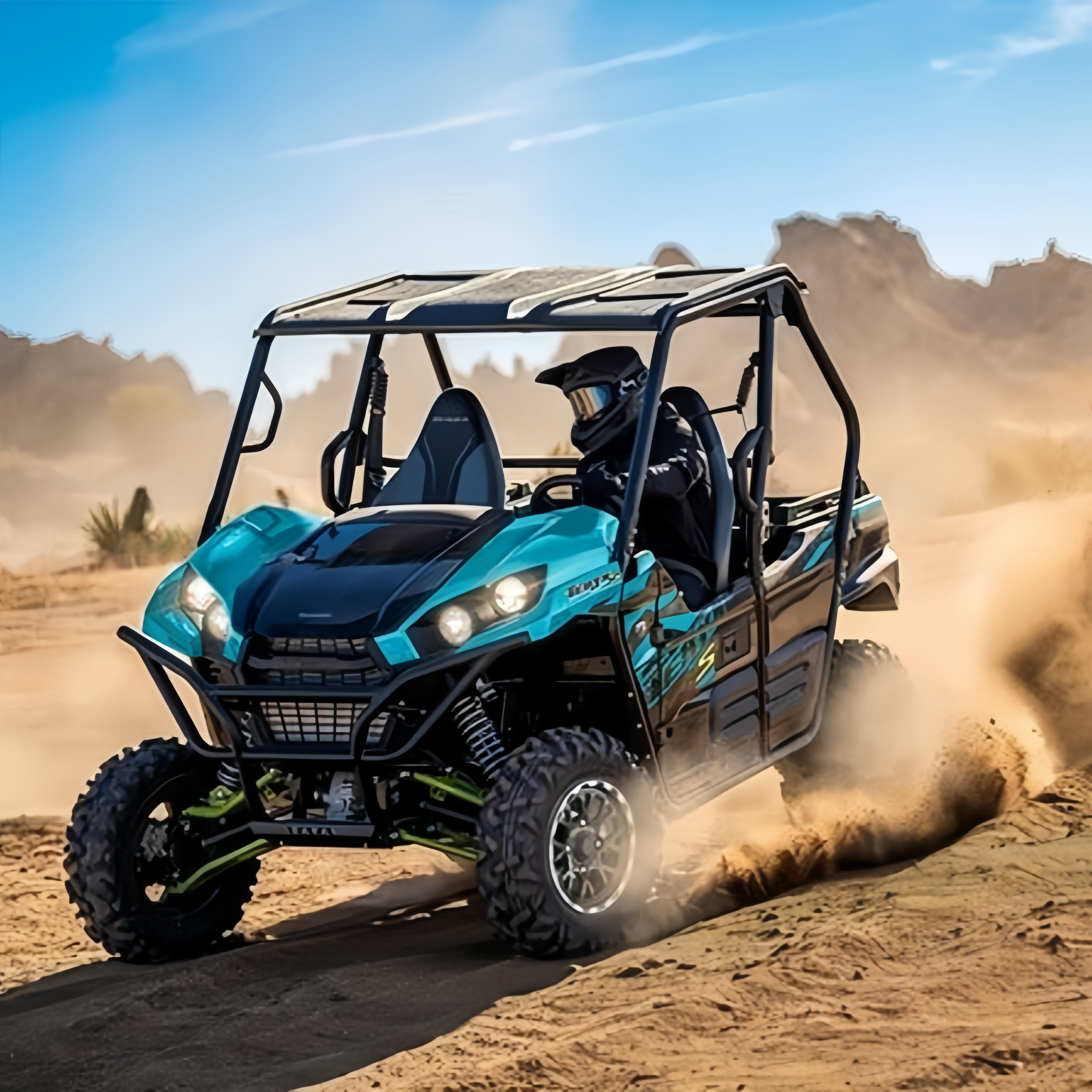 A turquoise and black off-road utility vehicle with a roll cage and four seats driving through sandy desert terrain, kicking up dust under a blue sky.