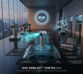 A futuristic showroom scene featuring an NVK Airblast Vortex Mini air duster standing on a transparent base in the center. The device has a metallic silver body with a glowing blue nozzle and cyan mist effects.