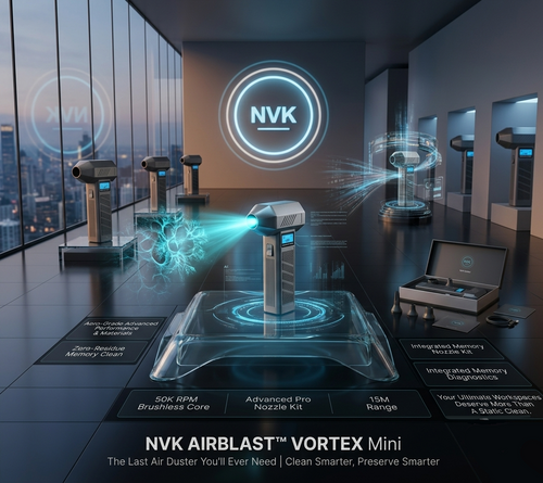 A futuristic showroom scene featuring an NVK Airblast Vortex Mini air duster standing on a transparent base in the center. The device has a metallic silver body with a glowing blue nozzle and cyan mist effects.
