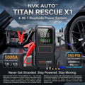 NVK AUTO Titan Rescue X1 4-in-1 roadside power system shown connected to a car battery and tire inflator, with large text callouts for 5000A peak jump start, 150 PSI fast tire inflation, and 2000 RPM/min engine boost on a dark automotive-themed background.