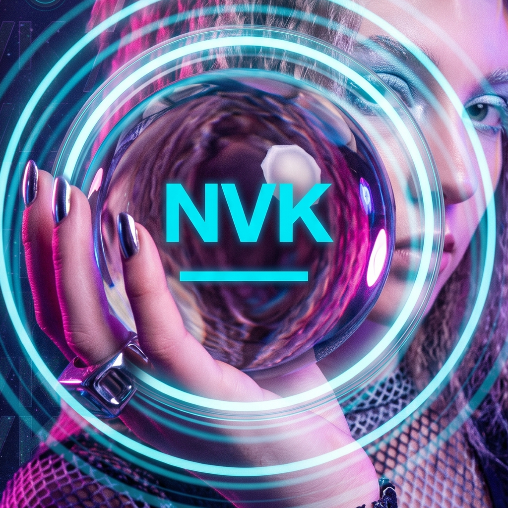 A stylized poster-like product image featuring a woman with cyberpunk makeup and hair, holding a reflective orb with the text 'NVK' in bright cyan. Large vertical text reads 'NVK // CYBER_AGE', with additional decorative text around the edges.