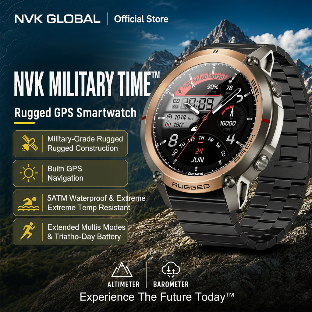 NVK GLOBAL | Official Store
Built beyond limits.
NVK MILITARY TIME™ is a durable exploration device engineered for adventure, outdoor performance, and extreme environments. When the terrain gets brutal, your wearable shouldn’t flinch.

Engineered for the Extreme
Military-grade rugged construction
Built-in GPS for navigation in any terrain
Designed to withstand extreme temperatures, impact, and water
Advanced endurance tracking for long expeditions
Extended battery life for multi-day adventures
Part of the N