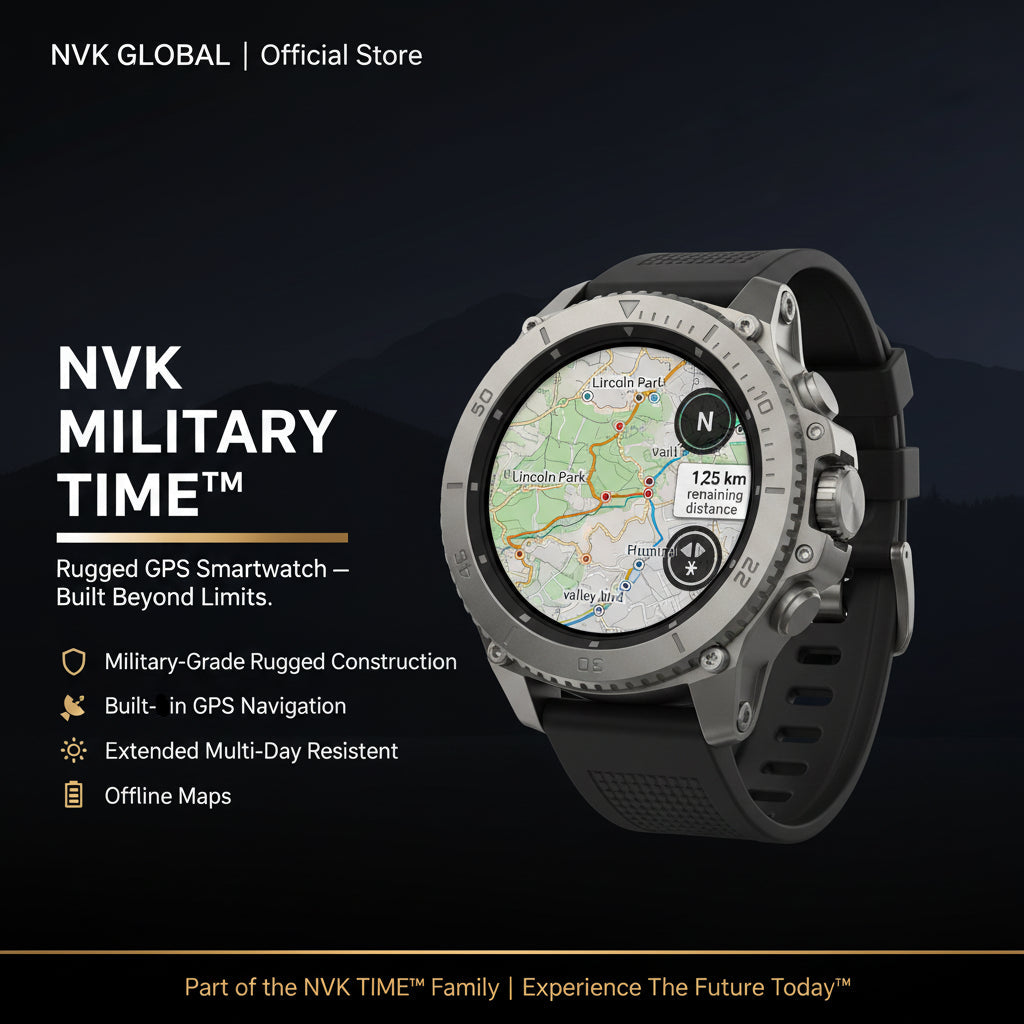 NVK GLOBAL | Official Store
Built beyond limits.
" NVK MILITARY TIME™ " is a durable exploration device engineered for adventure, outdoor performance, and extreme environments. When the terrain gets brutal, your wearable shouldn’t flinch.

Engineered for the Extreme
Military-grade rugged construction
Built-in GPS for navigation in any terrain
Designed to withstand extreme temperatures, impact, and water
Advanced endurance tracking for long expeditions
Extended battery life for multi-day adventures
Part of t