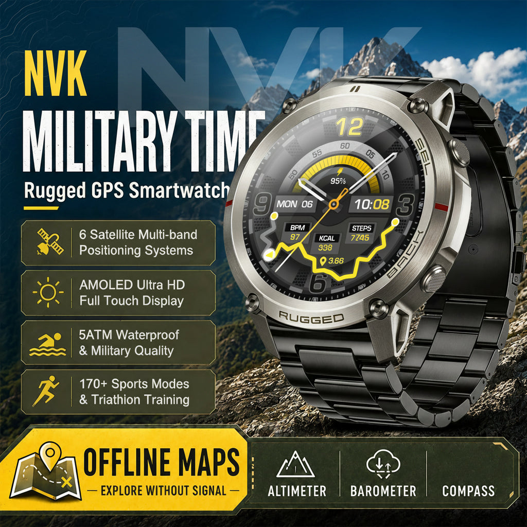 Built beyond limits.
NVK MILITARY TIME™ is a durable exploration device engineered for adventure, outdoor performance, and extreme environments. When the terrain gets brutal, your wearable shouldn’t flinch.

Engineered for the Extreme
Military-grade rugged construction
Built-in GPS for navigation in any terrain
Designed to withstand extreme temperatures, impact, and water
Advanced endurance tracking for long expeditions
Extended battery life for multi-day adventures
Part of the NVK TIME™ Family
NVK MILITARY
