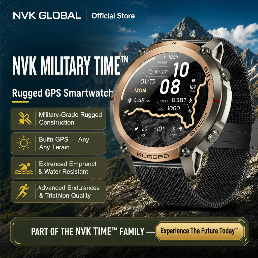 Built beyond limits.
NVK MILITARY TIME™ is a durable exploration device engineered for adventure, outdoor performance, and extreme environments. When the terrain gets brutal, your wearable shouldn’t flinch.

Engineered for the Extreme
Military-grade rugged construction
Built-in GPS for navigation in any terrain
Designed to withstand extreme temperatures, impact, and water
Advanced endurance tracking for long expeditions
Extended battery life for multi-day adventures
Part of the NVK TIME™ Family
NVK MILITARY