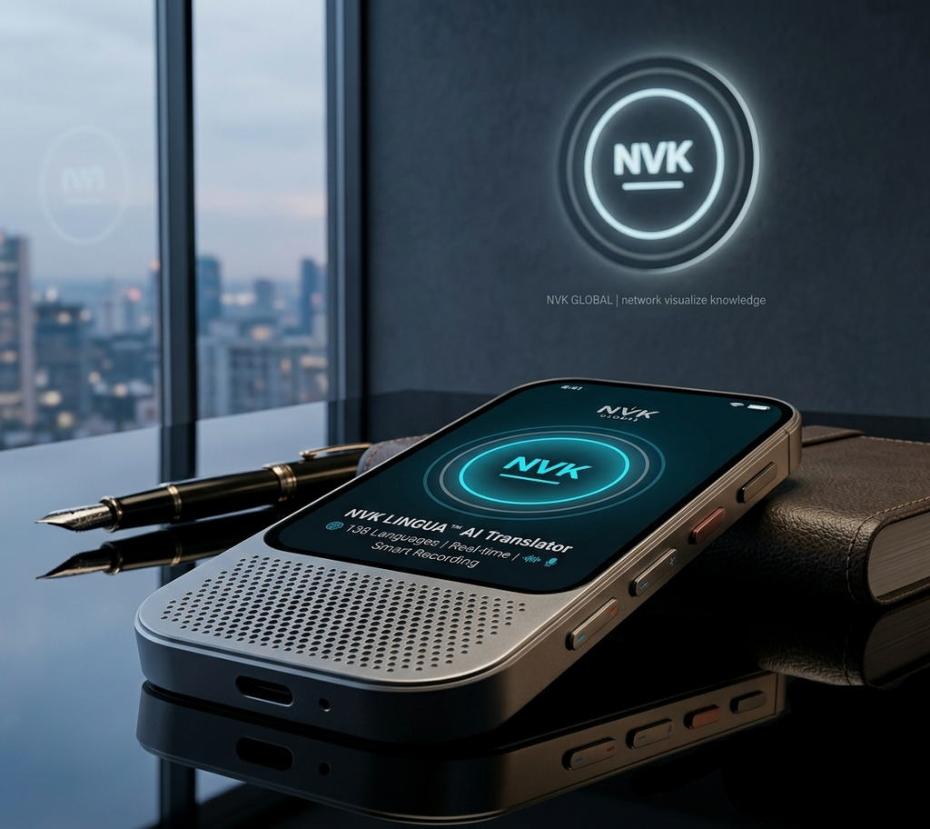 A sleek black and silver NVK mobile device with a built-in speaker and touchscreen display, resting on a dark surface next to a pen and notebook in front of a window with a city skyline view. The screen and background display the NVK logo.
