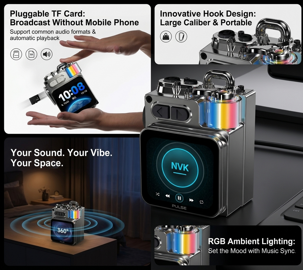 A promotional collage for an NVK portable Bluetooth speaker. The image features multiple panels showing the speaker in different contexts: being held by hands to demonstrate its pluggable TF card feature, a close-up of its hook design, a lifestyle scene with a speaker emitting a 360-degree sound wave in a room, and a close-up of its RGB ambient lighting.

