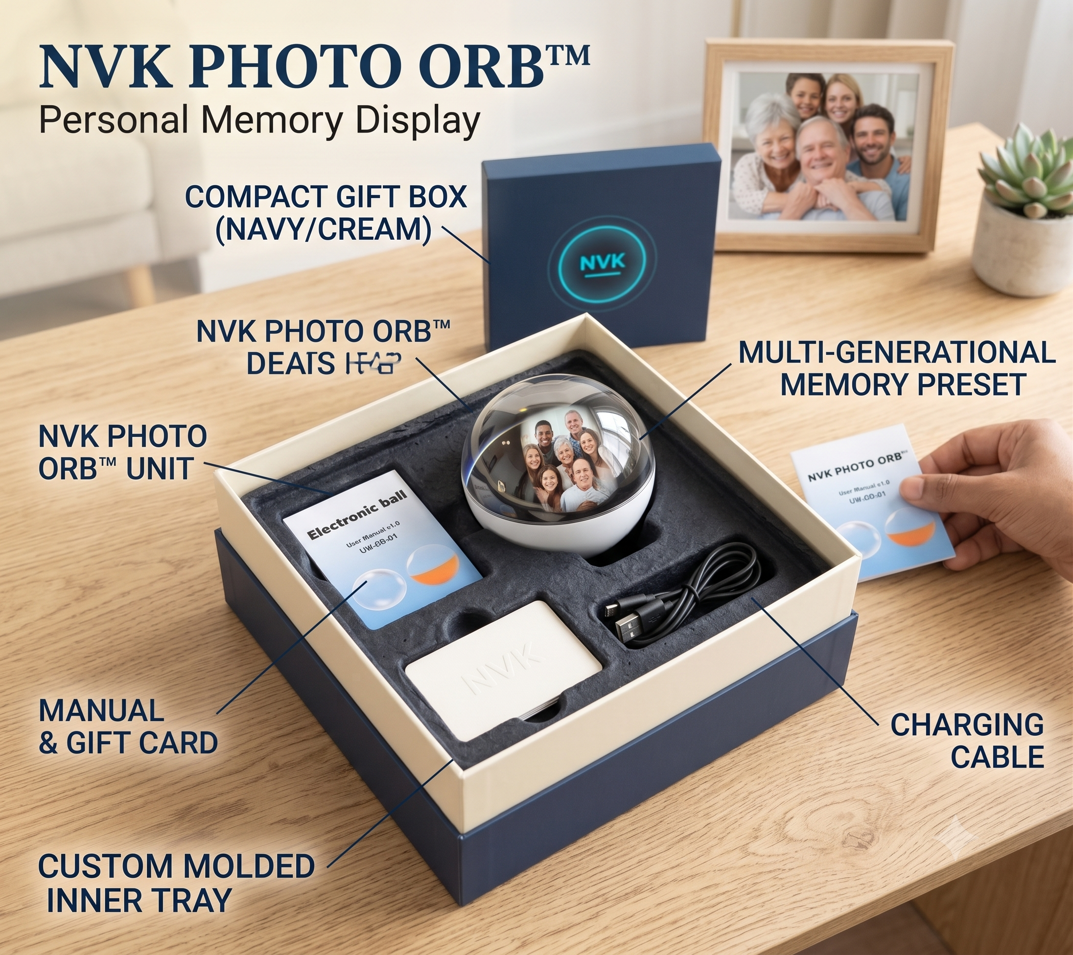 NVK Photo Orb personal memory display shown in an open navy and cream gift box on a wooden table, with labeled callouts for the compact gift box, NVK Photo Orb unit, memory preset in the dome, manual, gift card, and charging cable. A hand is holding a card in the background, and a framed family photo and small plant are visible.
