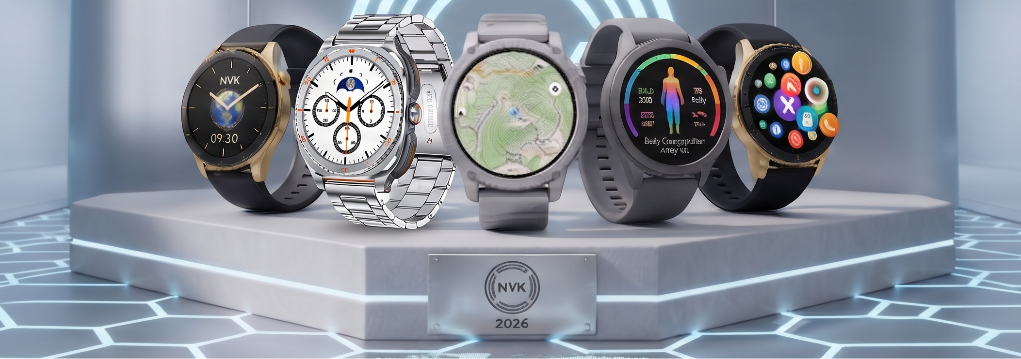 Six smartwatches displayed on a pedestal in a futuristic blue-lit showroom, with promotional text above reading 'ONE ECOSYSTEM. ENDLESS POSSIBILITIES.