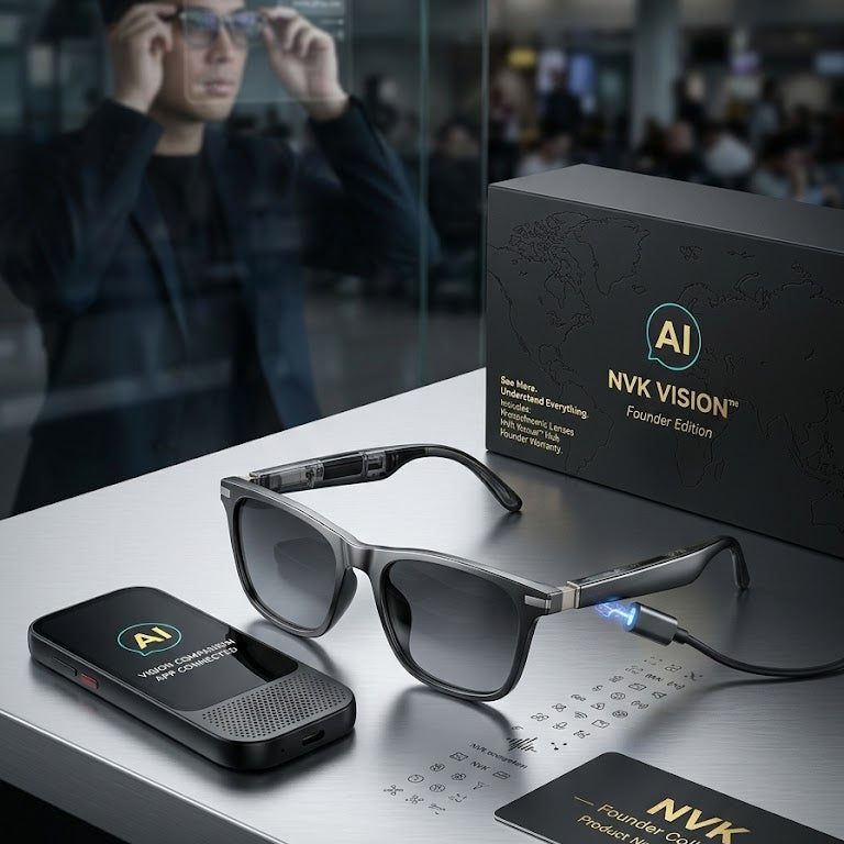 Smart glasses with a visible blue light indicator on the temple, displayed alongside a black NVK VISION box, a small black device, and a card on a tabletop. A blurred person wearing the glasses appears in the background near a glass wall.
