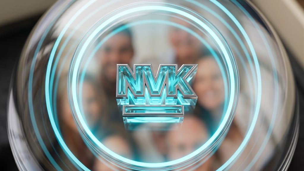 A close-up of a circular transparent glass or acrylic object with a central metallic emblem reading 'NVK' and glowing cyan concentric rings, with a blurred person visible through the background.