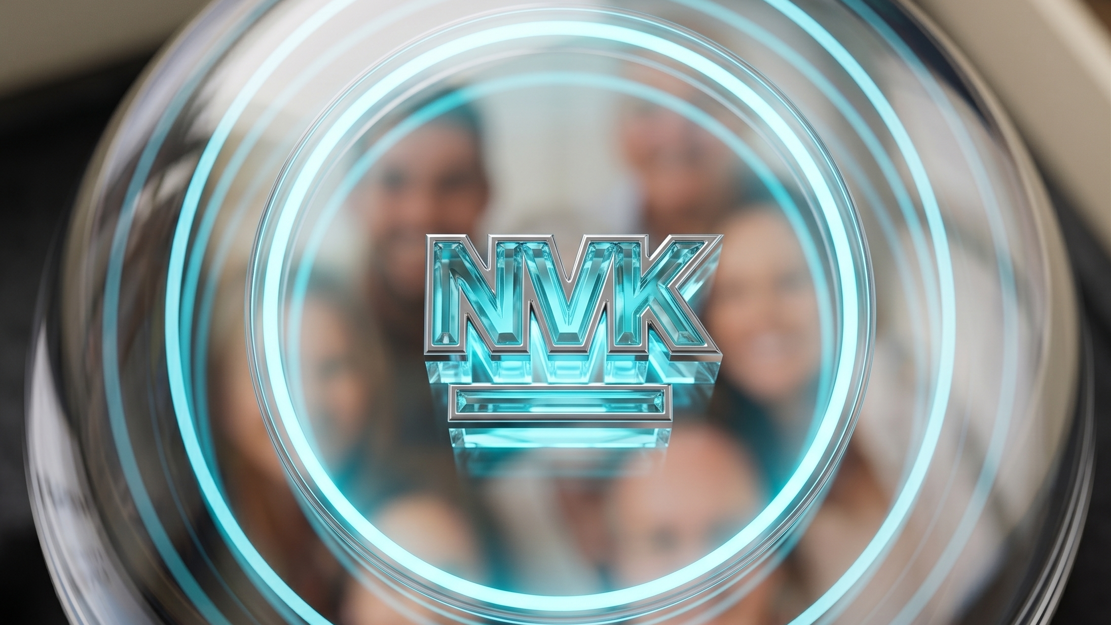 A close-up of a circular transparent glass or acrylic object with a central metallic emblem reading 'NVK' and glowing cyan concentric rings, with a blurred person visible through the background.