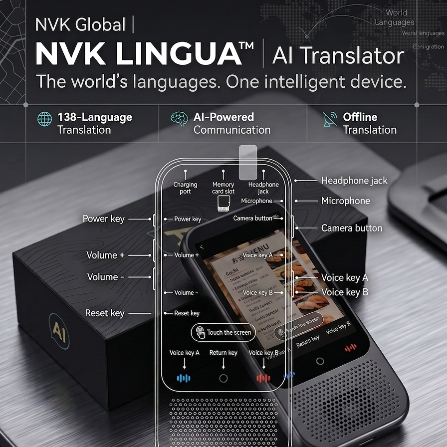 NVK Global NVK LINGUA AI Translator device shown on a dark metallic surface with its black box beside it. The image includes overlaid callout labels pointing to the device and features such as 138-language translation, AI-powered communication, offline translation, smart camera, intelligent recording, and portable global companion.