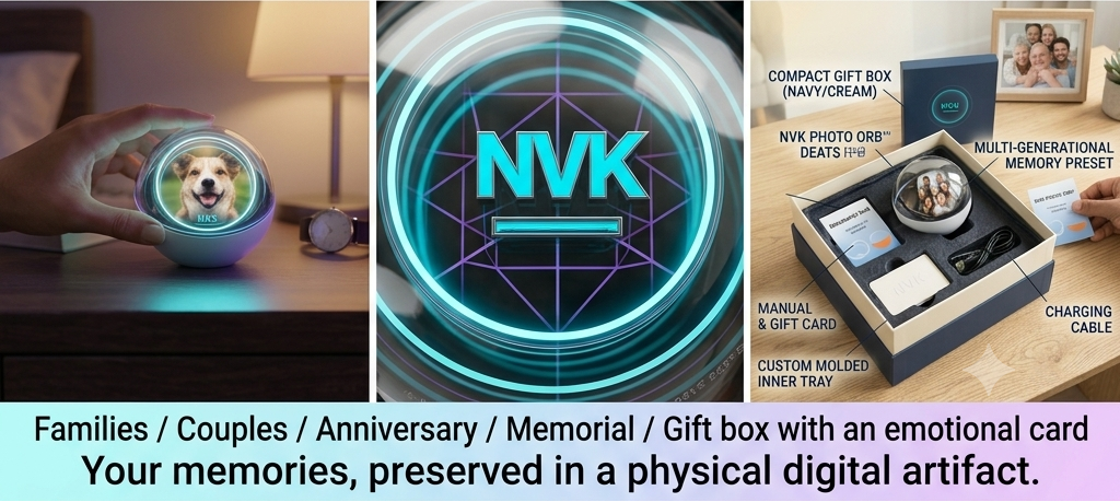 A 5-panel infographic showcasing an NVK photo memory keepsake box. The panels demonstrate the product in different contexts: a hero shot showing a family photo inside, a hand holding it to show portability, a lifestyle nightstand scene, a macro detail of the NVK logo, and an unboxing view with accessories.