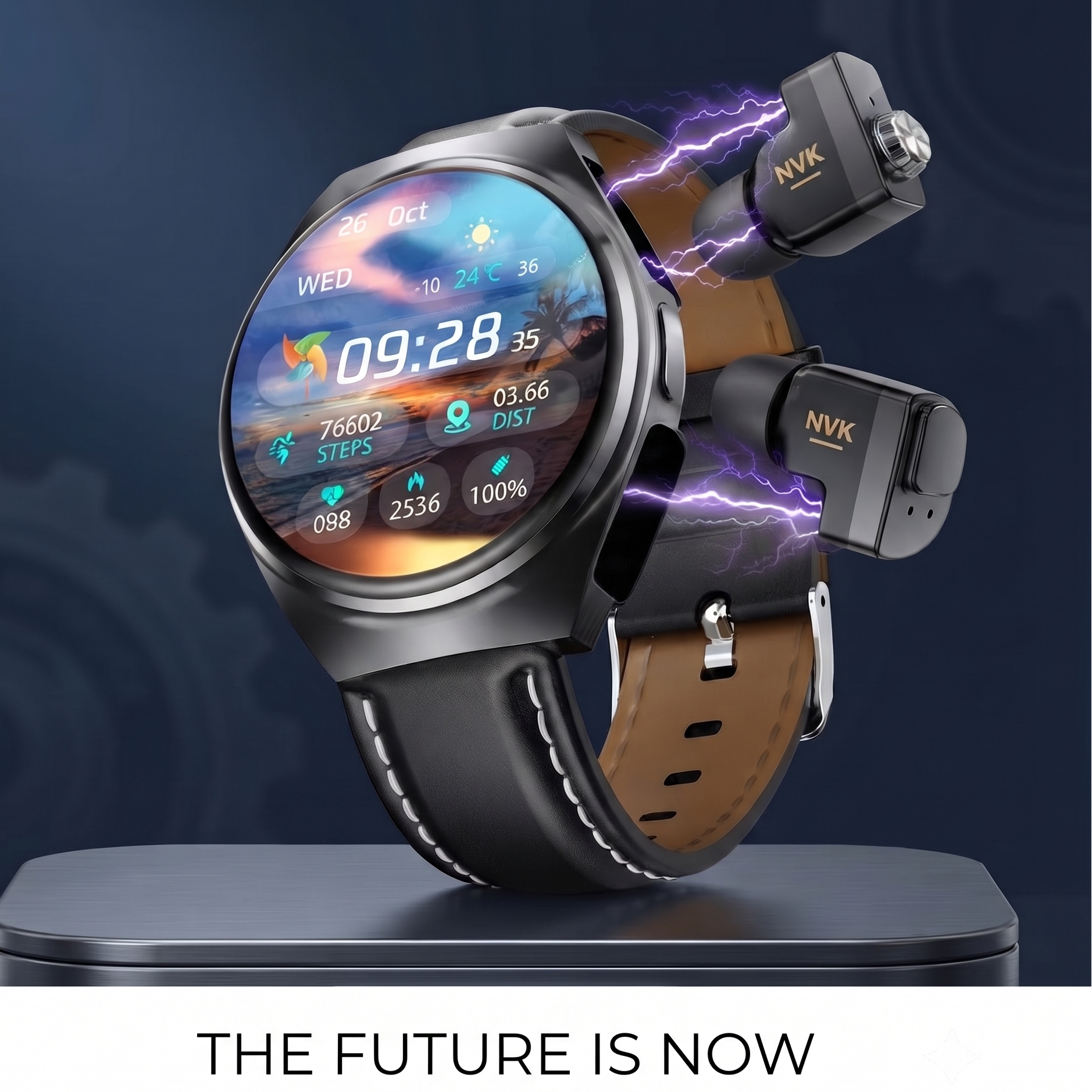 A smartwatch with a black leather strap and a round display, shown with two black rectangular device modules labeled NVK attached near the watch. The watch sits on a dark charging platform against a dark blue graphic background with lightning effects.