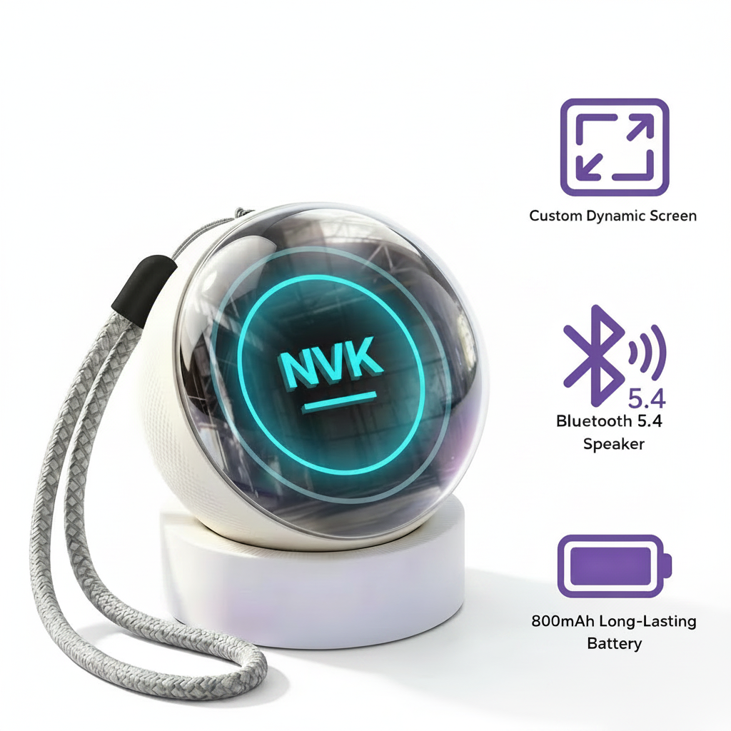 A spherical smart speaker device with a clear outer shell, glowing blue 'NVK' logo on the front, a white charging base, and a gray braided wrist strap. The image includes marketing text and icons for custom dynamic screen, Bluetooth 5.