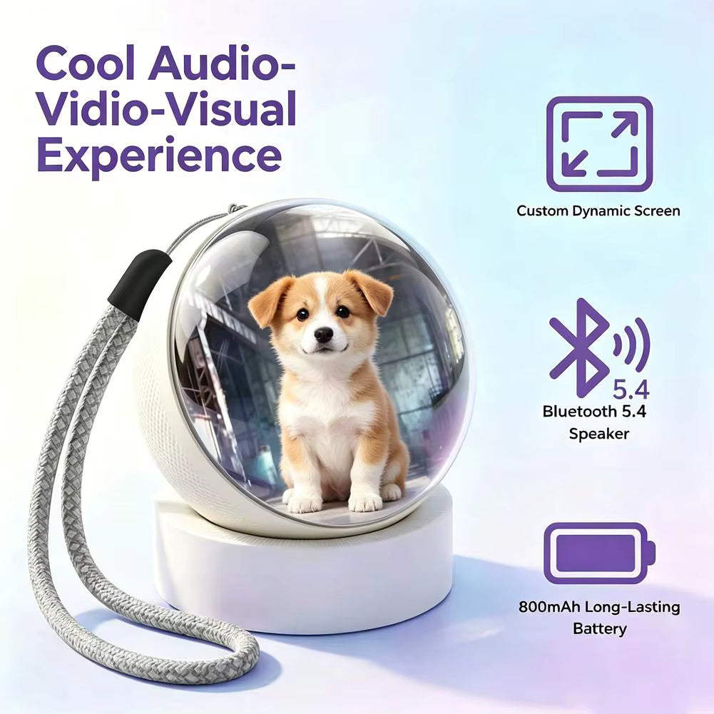 A pet globe speaker with a white textured base and a gray braided wrist strap, featuring a clear spherical dome showing a puppy inside. The image includes marketing text and icons for custom dynamic screen, Bluetooth 5.