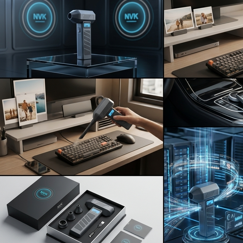 A 4-panel promotional collage for the NVK Airblast Vortex Mini desktop cleaning tool. The panels show the handheld vacuum cleaner in use on a desk with a keyboard and mouse, its black presentation box and accessories, and a futuristic blue digital rendering of the product with marketing text.