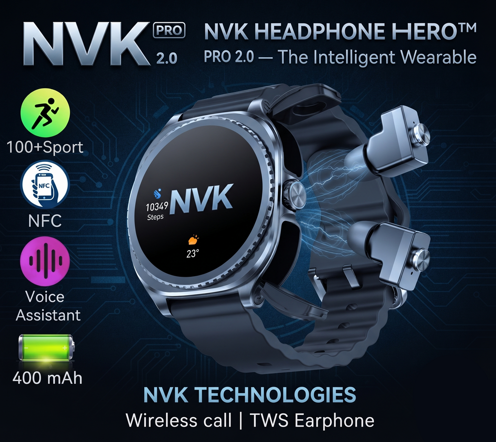 Promotional graphic for the NVK Headphone Hero 2.0 smartwatch, showing the black and silver watch with a transparent side cover, feature icons for 100+ sport modes, NFC, voice assistant, and 400 mAh battery, and NVK branding on a dark blue tech-style background.