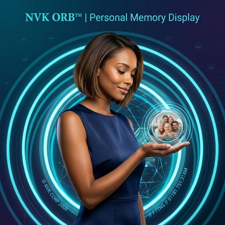 A promotional poster for the NVK ORB Personal Memory Display, featuring a woman in a navy blue dress holding a glowing holographic sphere with a family portrait. The background consists of glowing blue concentric circles and circuit-like patterns on a dark blue background.